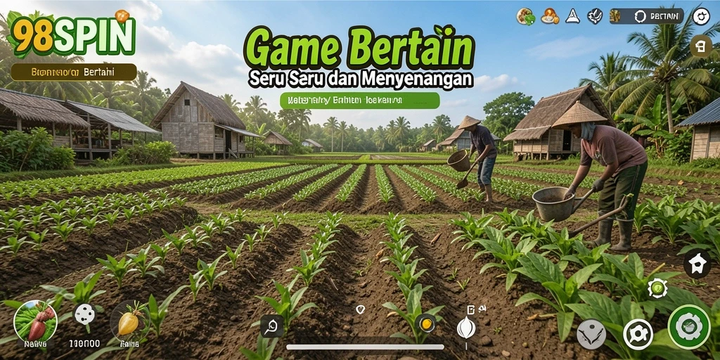 Tampilan antarmuka utama permainan 98SPIN dengan fungsi bertani.