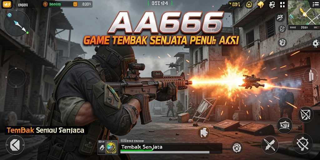 Screenshot antarmuka <strong>AA666</strong> menampilkan pertempuran seru dengan berbagai senjata.