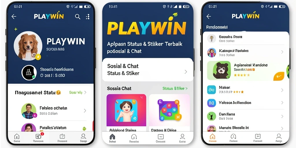 Tampilan antarmuka pengguna aplikasi PLAYWIN untuk Status & Stiker.