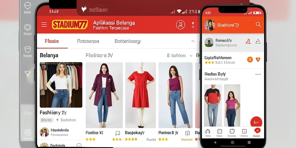 Antarmuka aplikasi STADIUM77 menampilkan beragam produk fashion yang menarik.